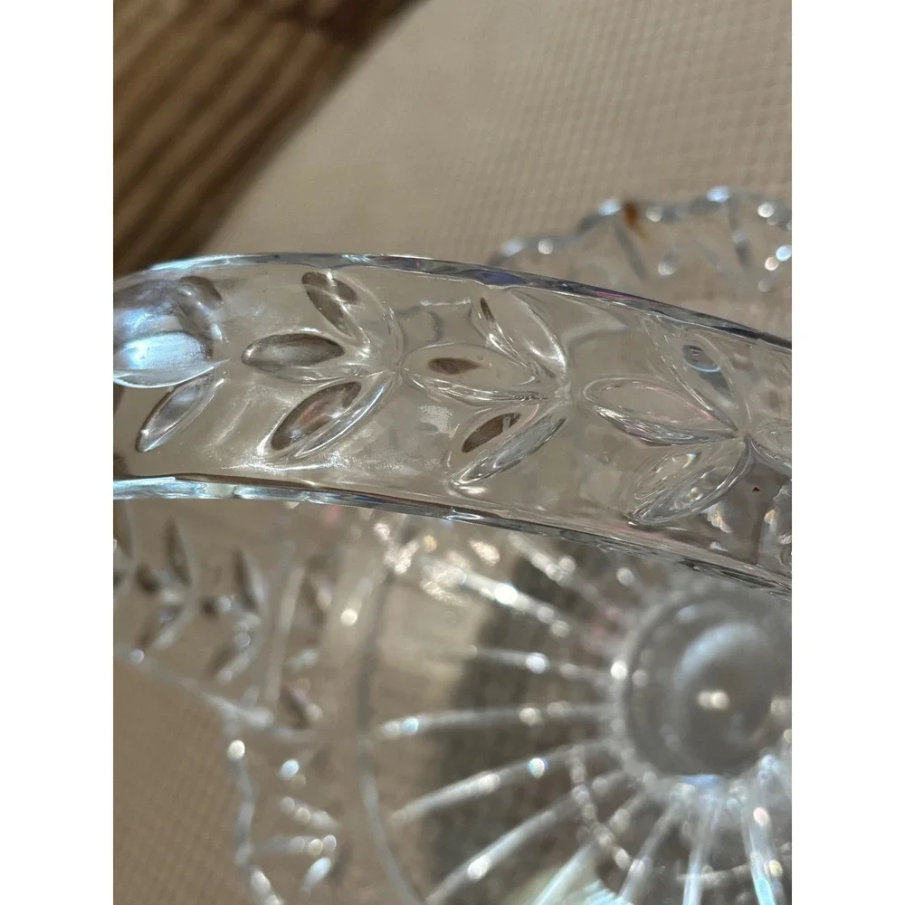 Vintage Cut Crystal Glass Pedestal Basket Scalloped Rim Etched Handle 12in